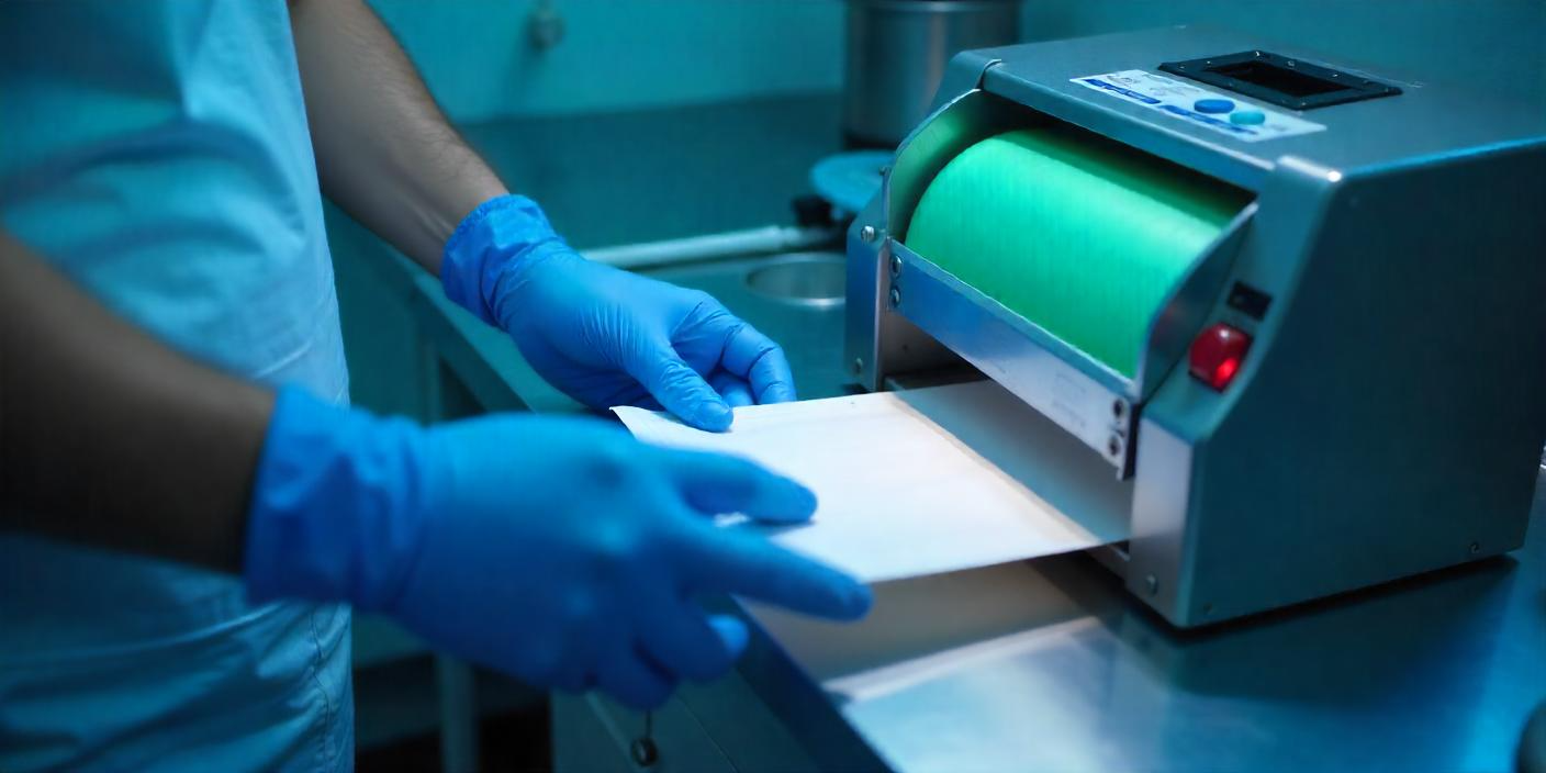 A healthcare professional wearing blue nitrile gloves operating a medical sterilization pouch sealer machine in a clinical setting.